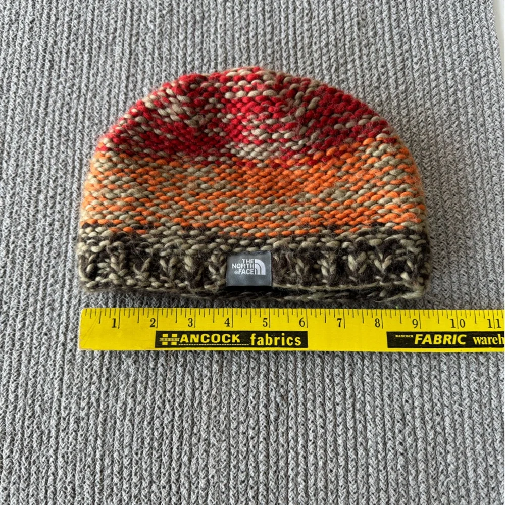 The North Face Red Orange Stripe Beanie Knit Hat Fleece Lining